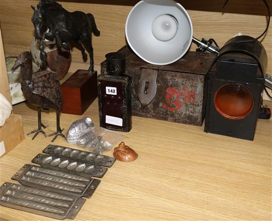 A quantity of metal collectables and a resin horse